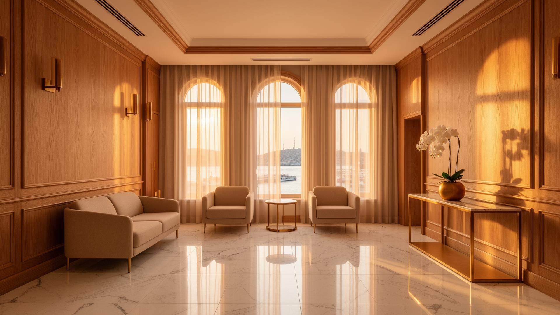 Refined waiting area inside the Suadiye practice with Bosphorus light and warm oak paneling