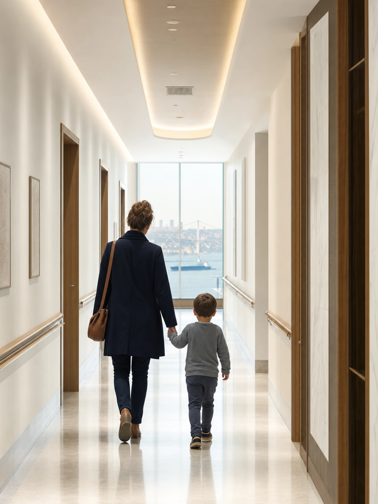 A parent and child walking hand in hand along a light-filled corridor of a private hospital in Istanbul, seen from behind.