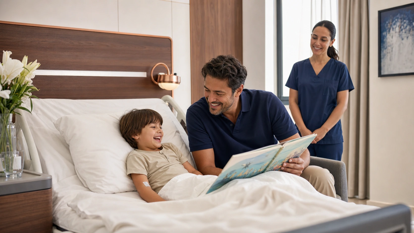A child sitting up in a bright hospital bed on the second treatment day, reading a picture book with a parent while the intravenous infusion runs.
