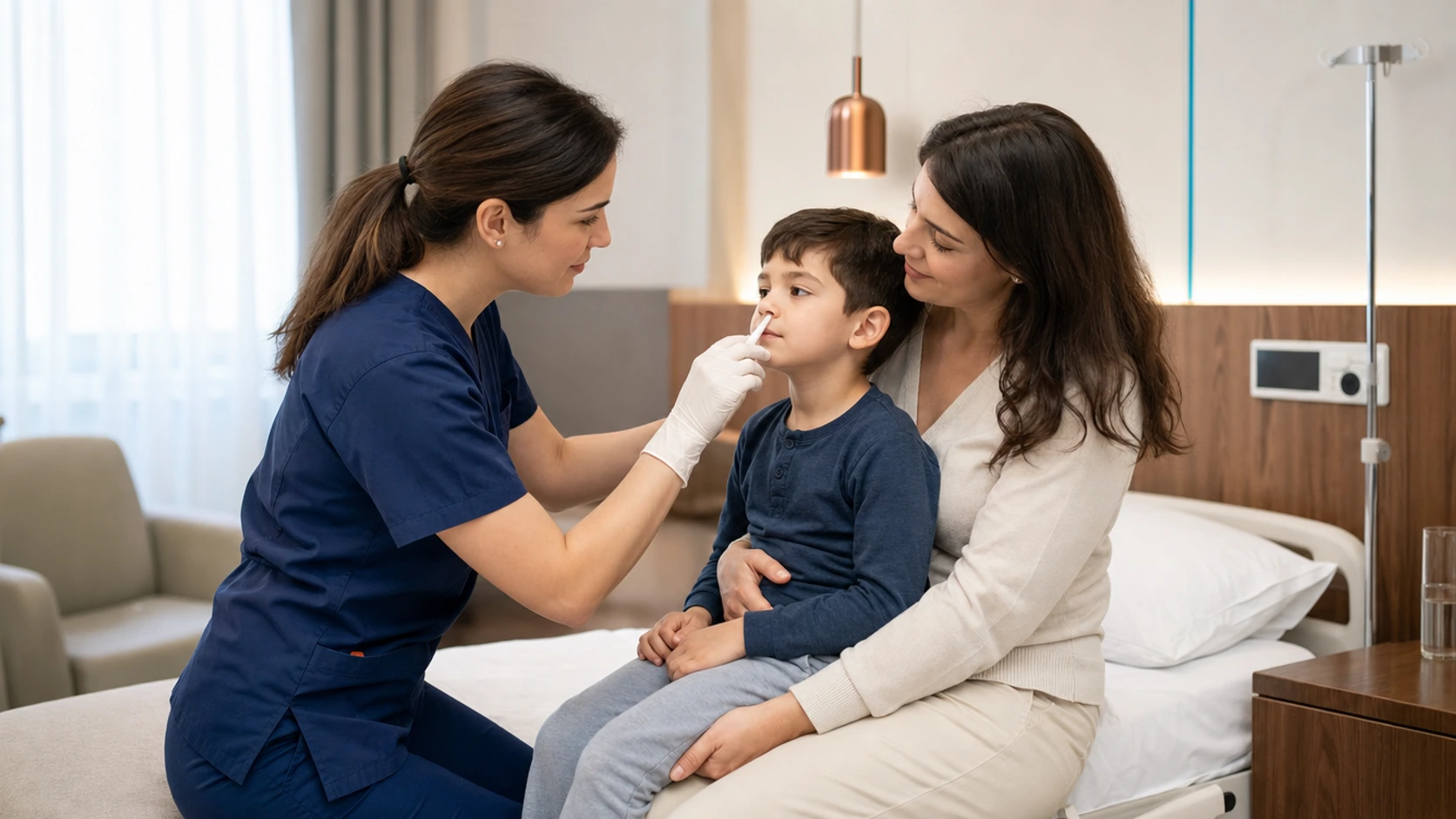 A pediatric nurse giving a gentle intranasal spray to a child sitting on a parent's lap