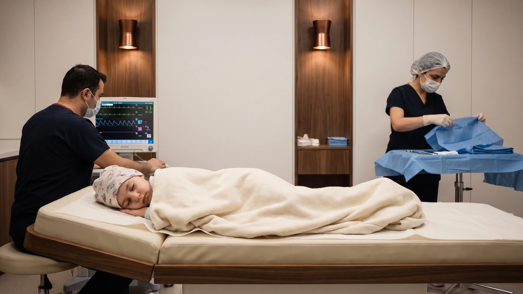 A sedated child resting on their side in a pediatric procedure room while an anesthesiologist watches the monitors and a clinician prepares the sterile field