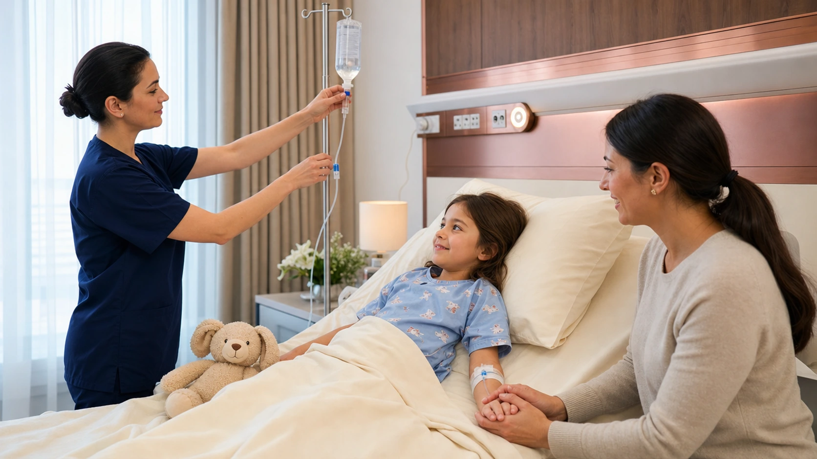 A nurse adjusting an intravenous infusion for a child resting in a hospital bed while a parent holds the child's hand