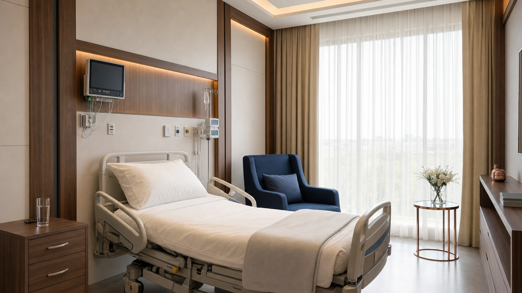 Calm, empty pediatric recovery room in a premium Istanbul hospital, with an armchair beside the bed for a parent.