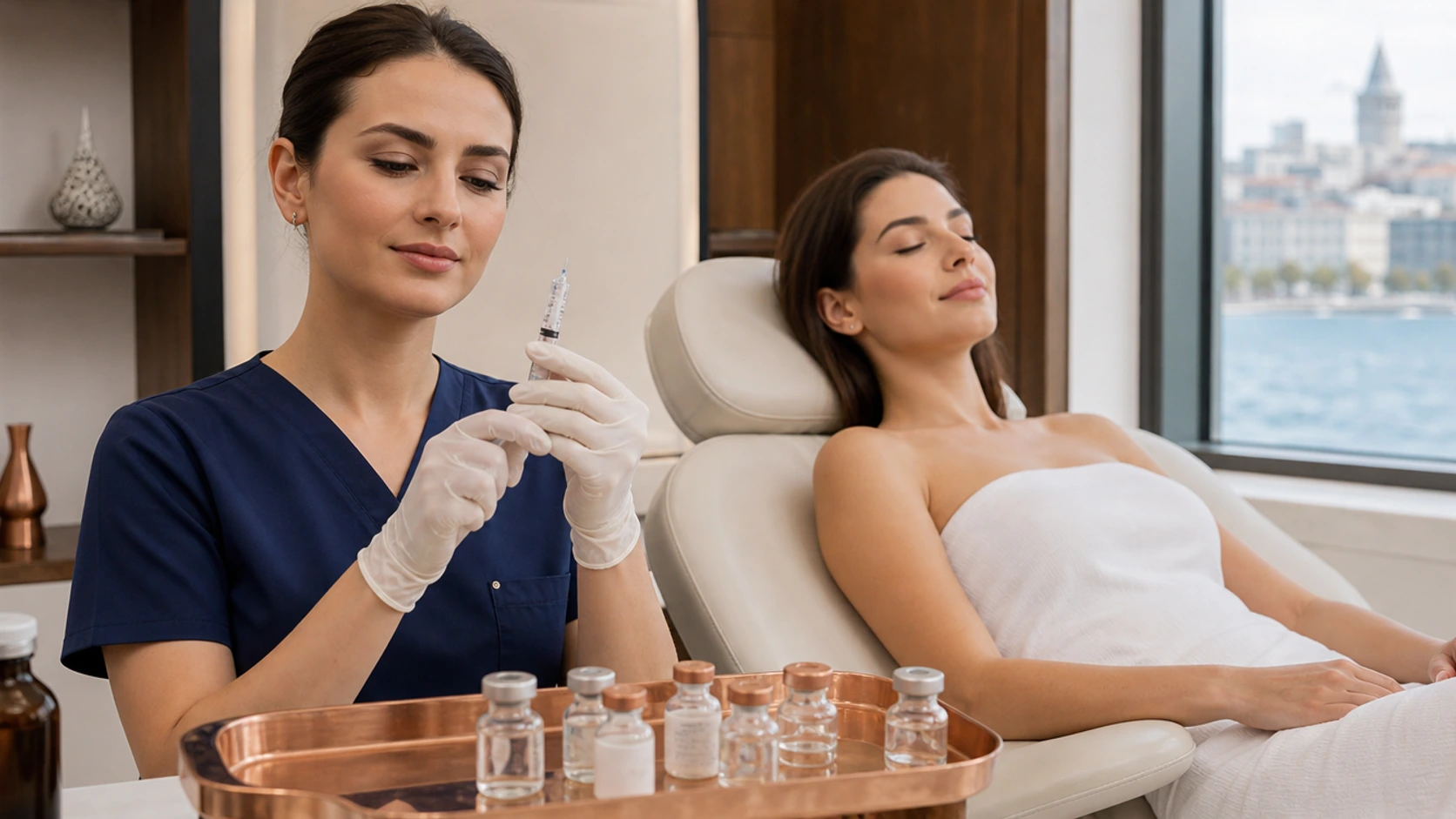 Behandschuhte Hände einer Fachkraft bereiten eine feine Mesotherapie-Spritze in einer erstklassigen ästhetischen Praxis vor