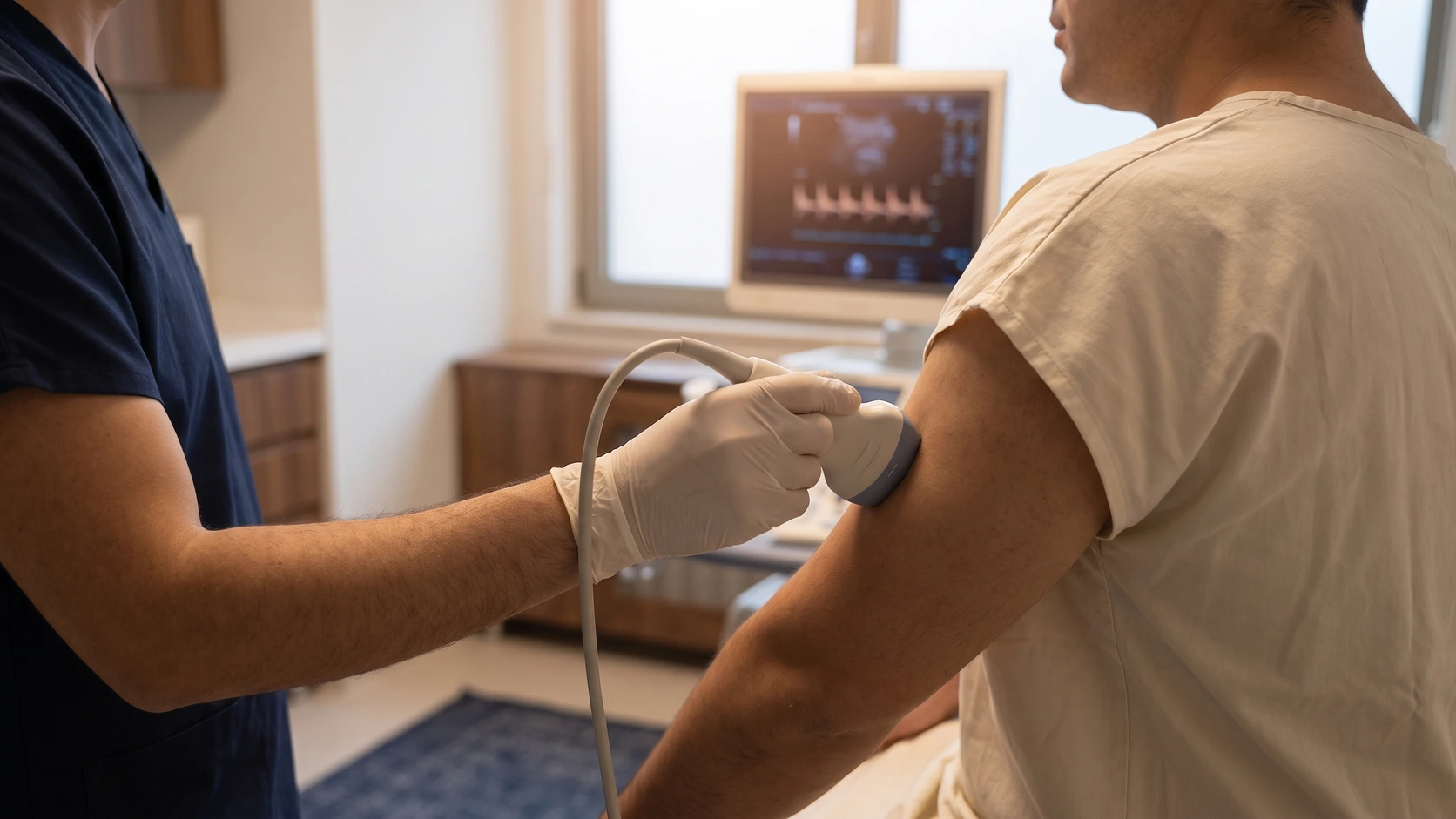 Ultraschallsonde über der Schulter eines erwachsenen Patienten in einer Privatklinik