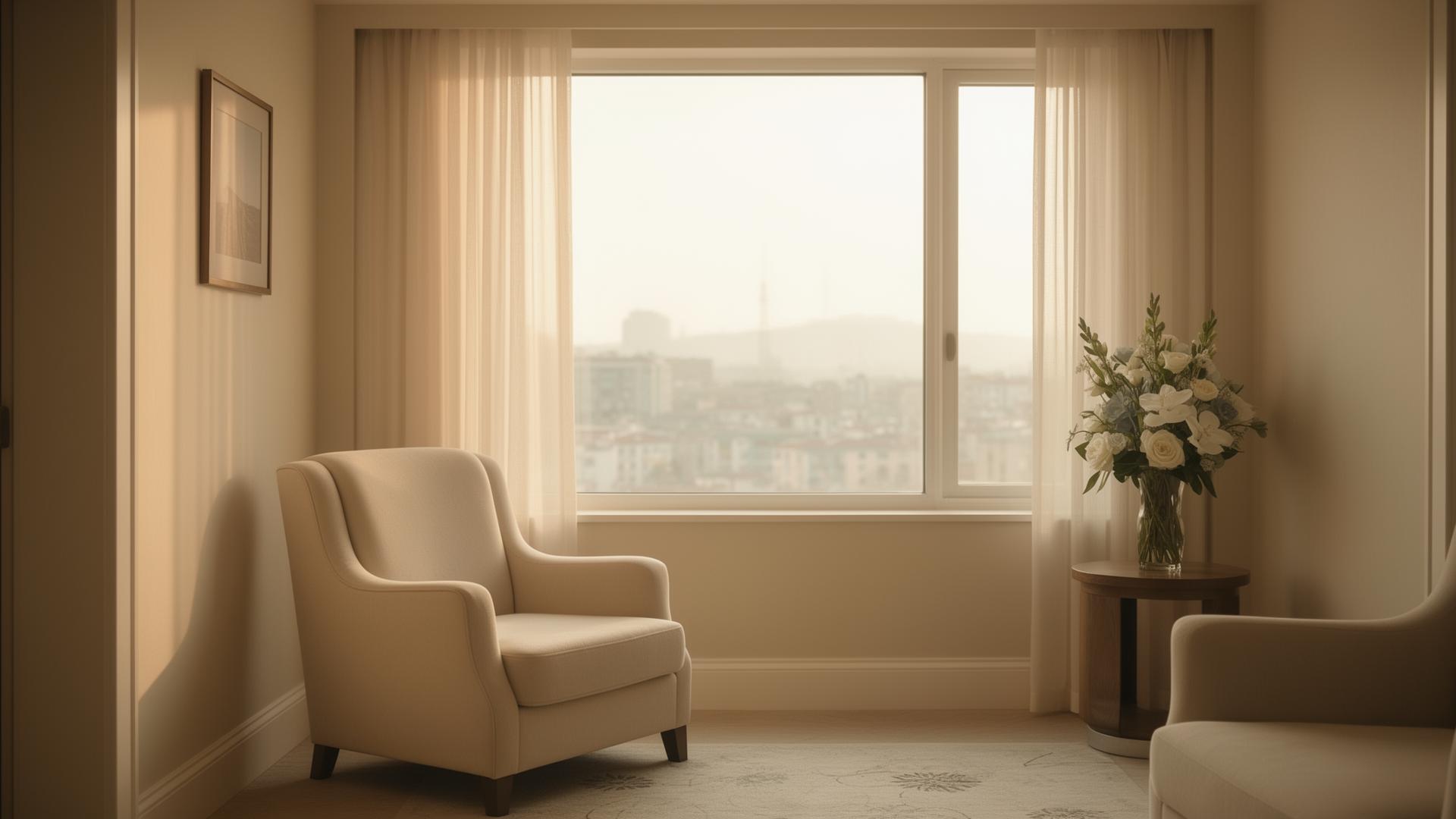 Calm sunlit family lounge inside a luxury Istanbul hospital suite