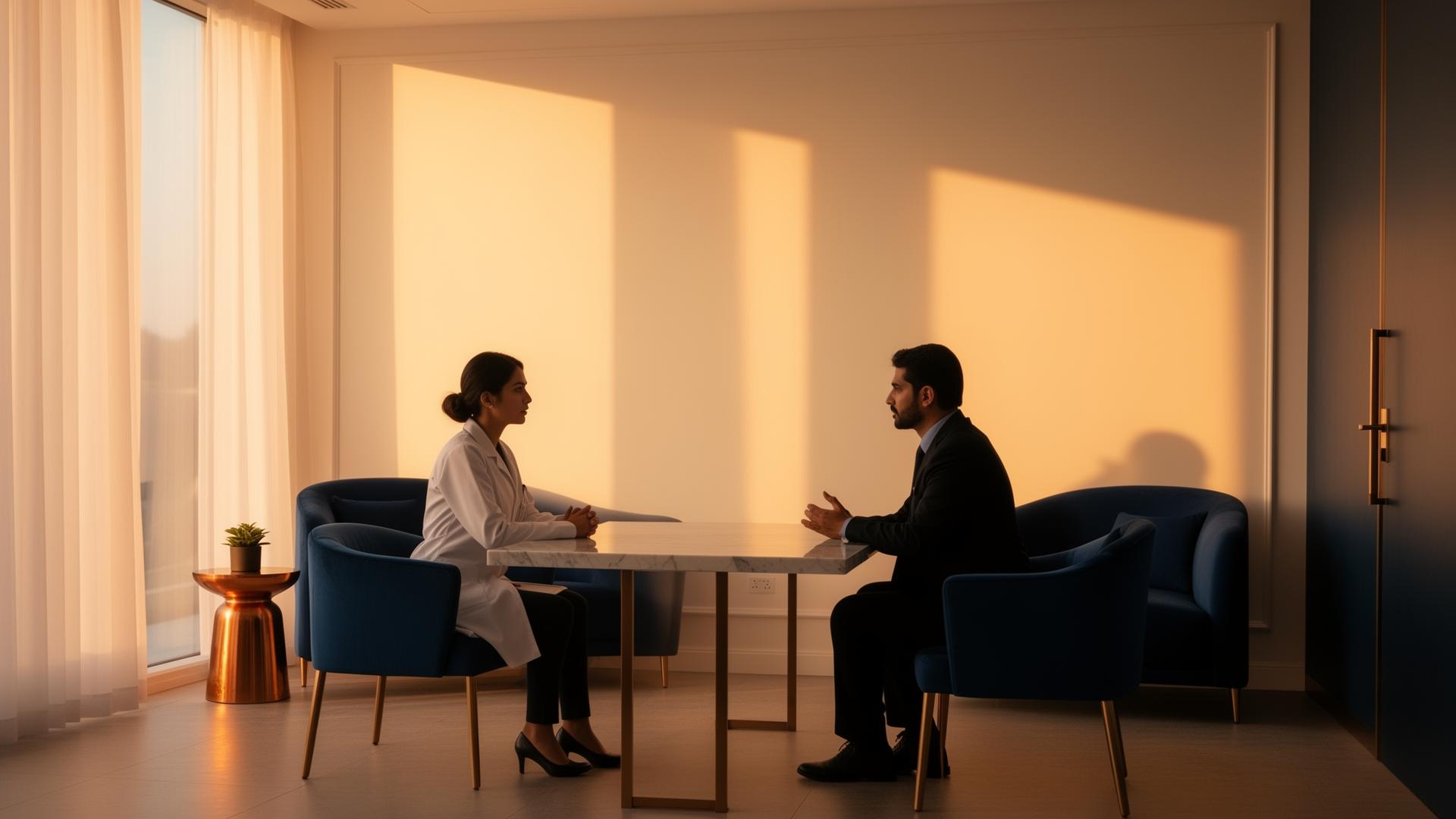 Calm, sunlit consultation lounge in an upscale Istanbul medical clinic with a doctor and patient in quiet conversation.