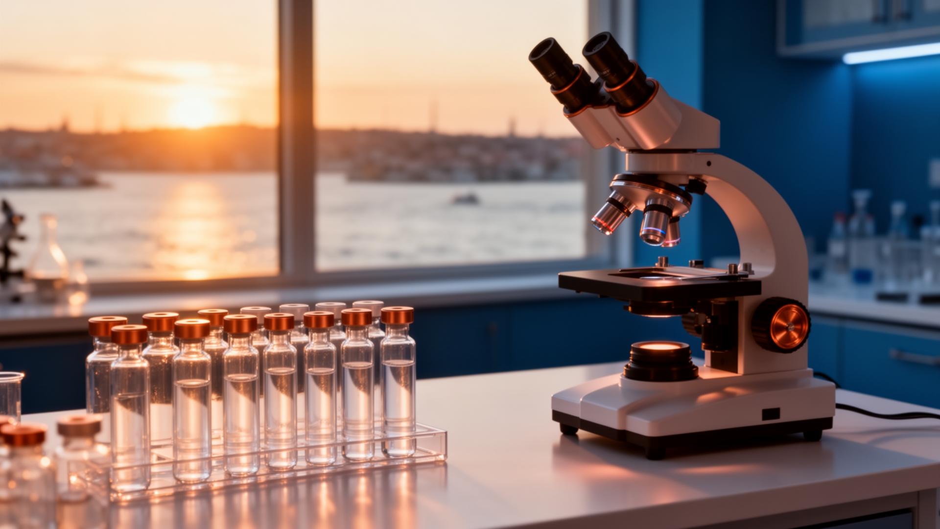 Fresh stem cell preparations in copper-capped vials beside a microscope at golden hour in an Istanbul laboratory.