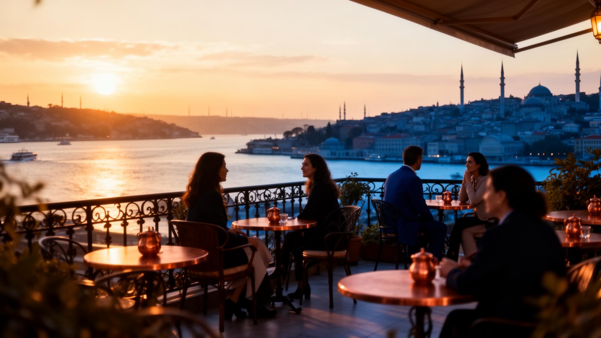 Tranquil Istanbul terrace at golden hour overlooking the Bosphorus with patients in quiet conversation.