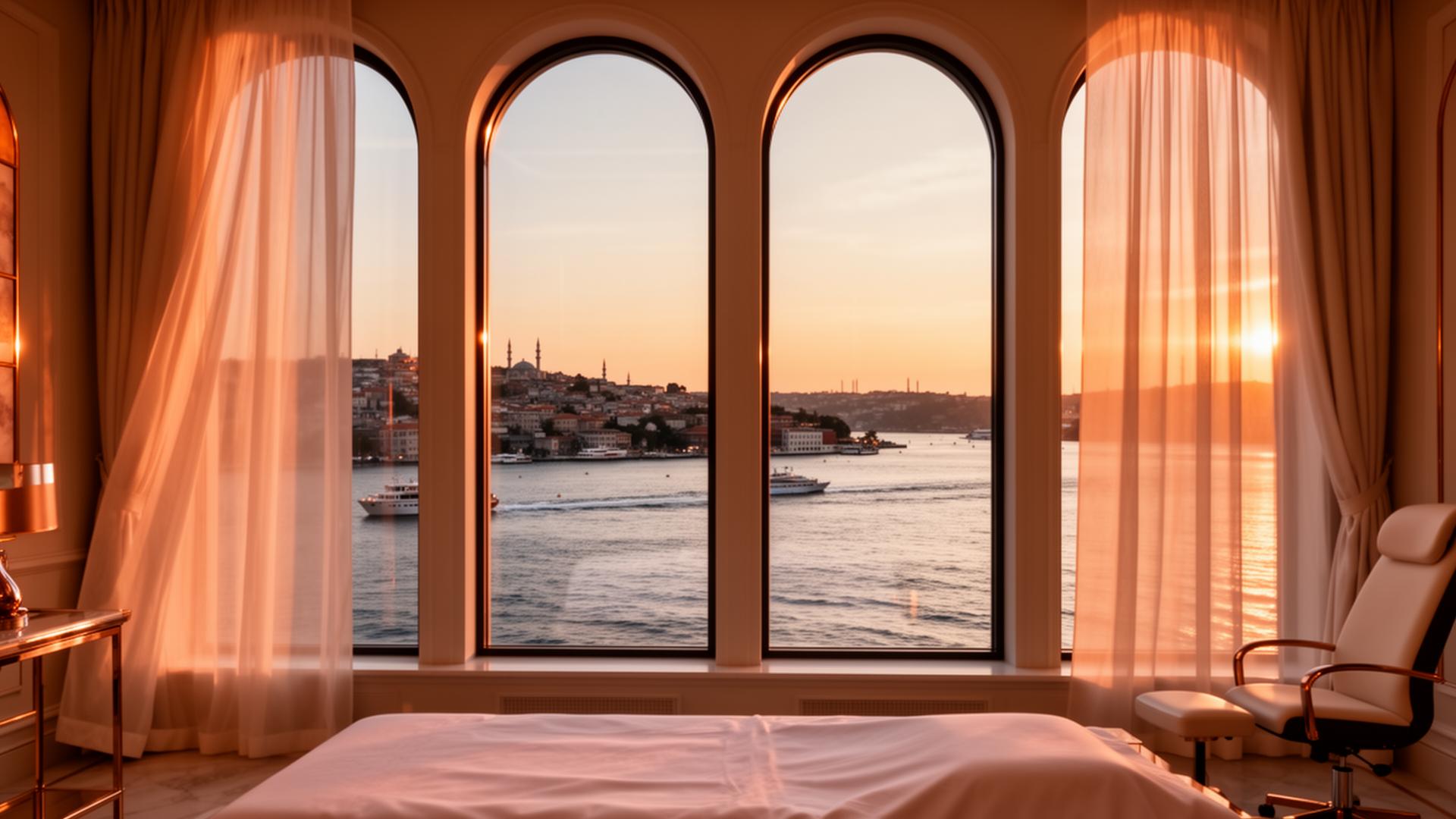 View of the Bosphorus from a luxury Istanbul medical suite at golden hour