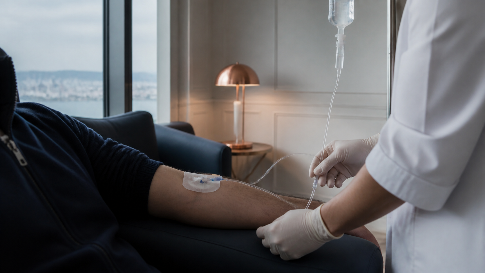 Von einer medizinischen Fachkraft überwachte intravenöse Verabreichung bei einem Erwachsenen in einer privaten Krankenhaussuite