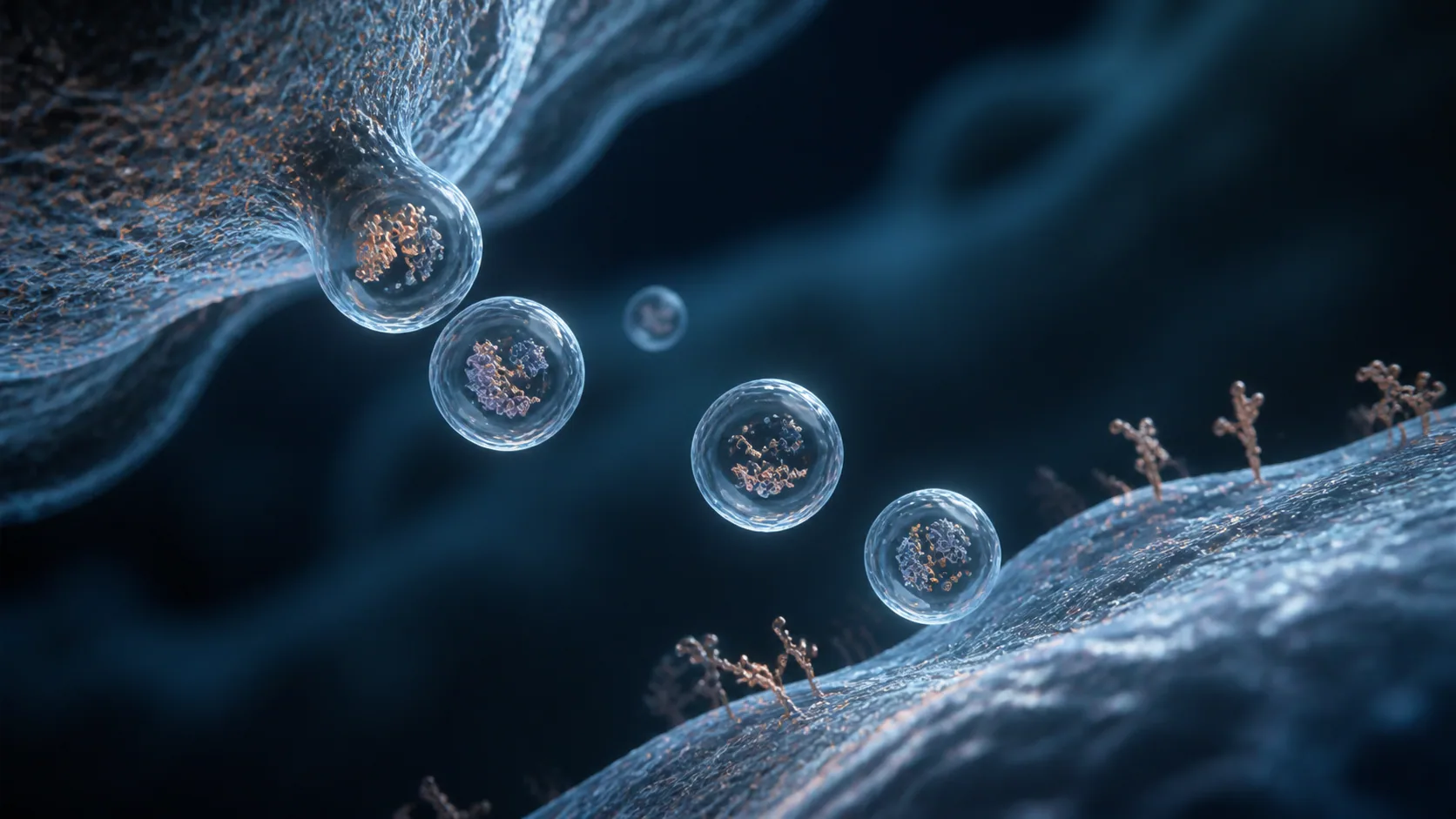 Editorial visualization of exosome signaling vesicles carrying molecular cargo between cells.