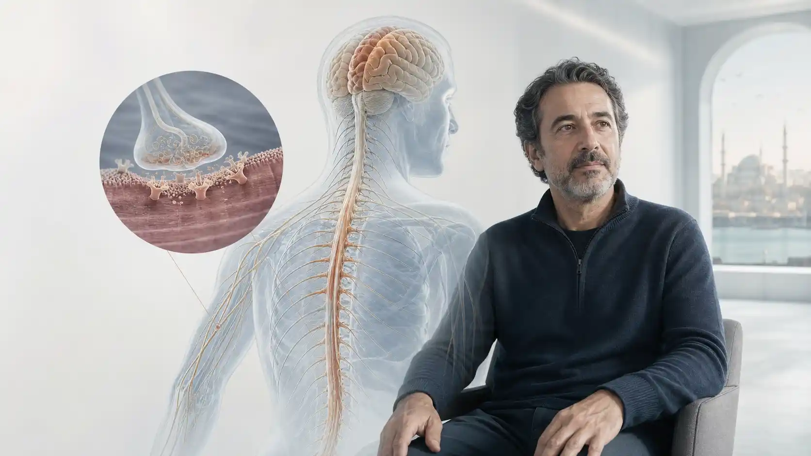 Homme assis près d’une figure anatomique transparente montrant le cerveau, la moelle épinière, les nerfs périphériques et un gros plan d’une jonction neuromusculaire