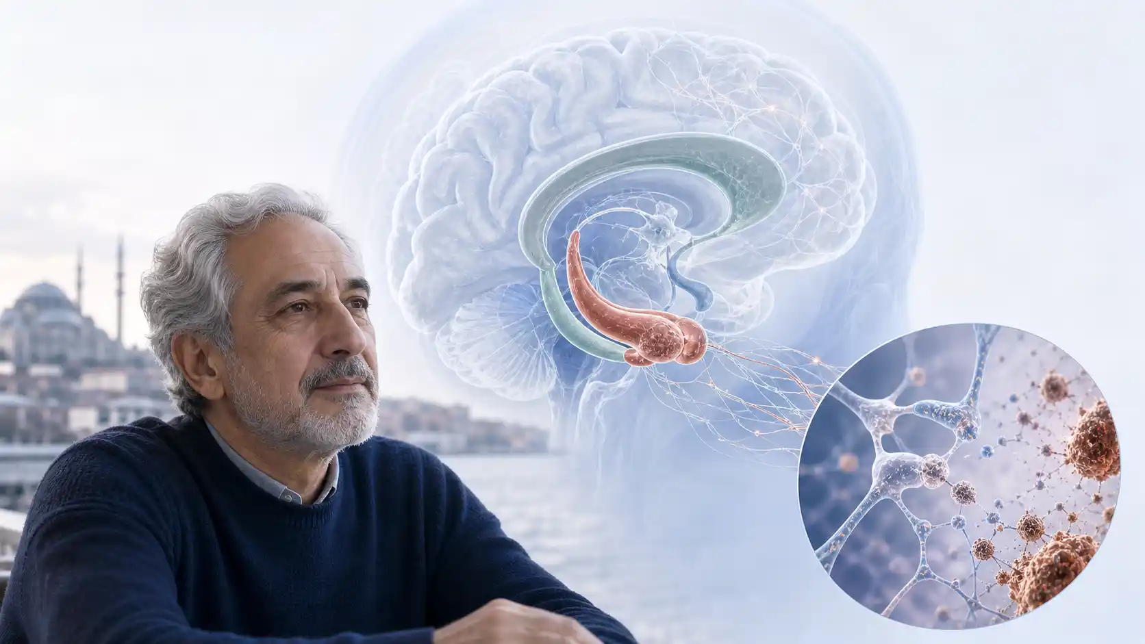 Oudere man naast een doorsnede van de hersenen waarin de hippocampus en het neurale netwerk zijn uitgelicht, met een inzet van een neuron onder de microscoop