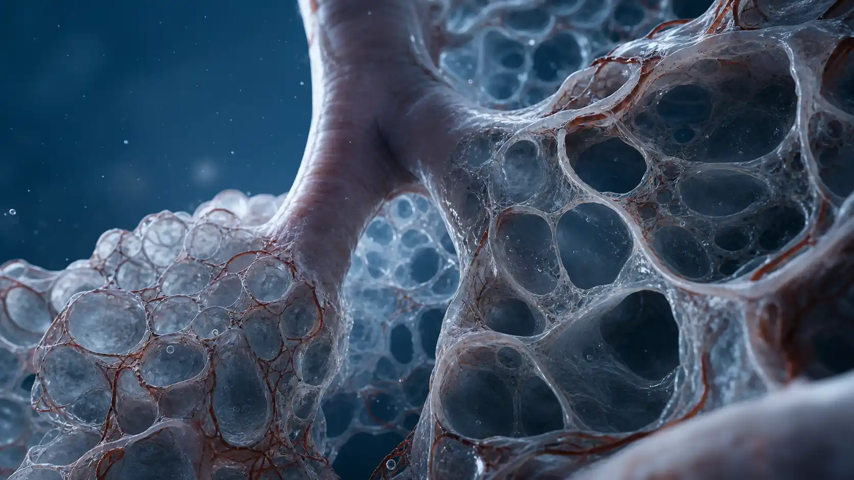 Filmische mikroskopische Ansicht durch eine Bronchiole auf intaktes und geschädigtes Alveolargewebe mit einem feinen Kapillarnetz.