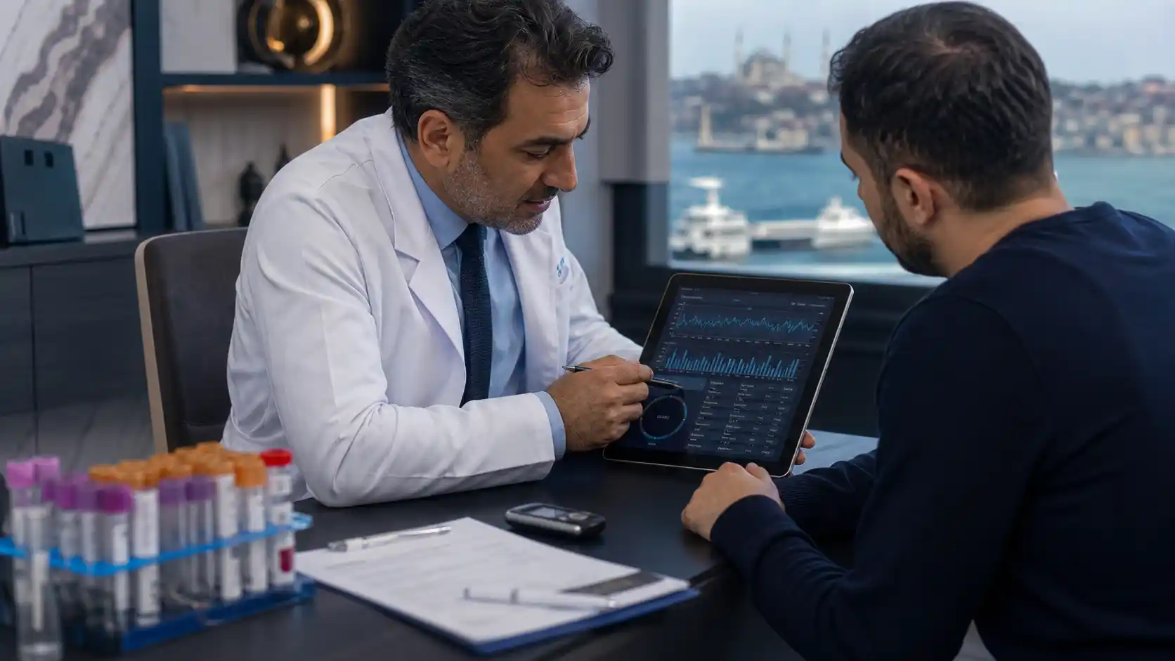 Ein Endokrinologe und ein Transplantationsspezialist prüfen in Istanbul mit einer erwachsenen Patientin kontinuierliche Glukosedaten, Insulinverabreichung, Nierenfunktion und Evidenz zur Inseltherapie.