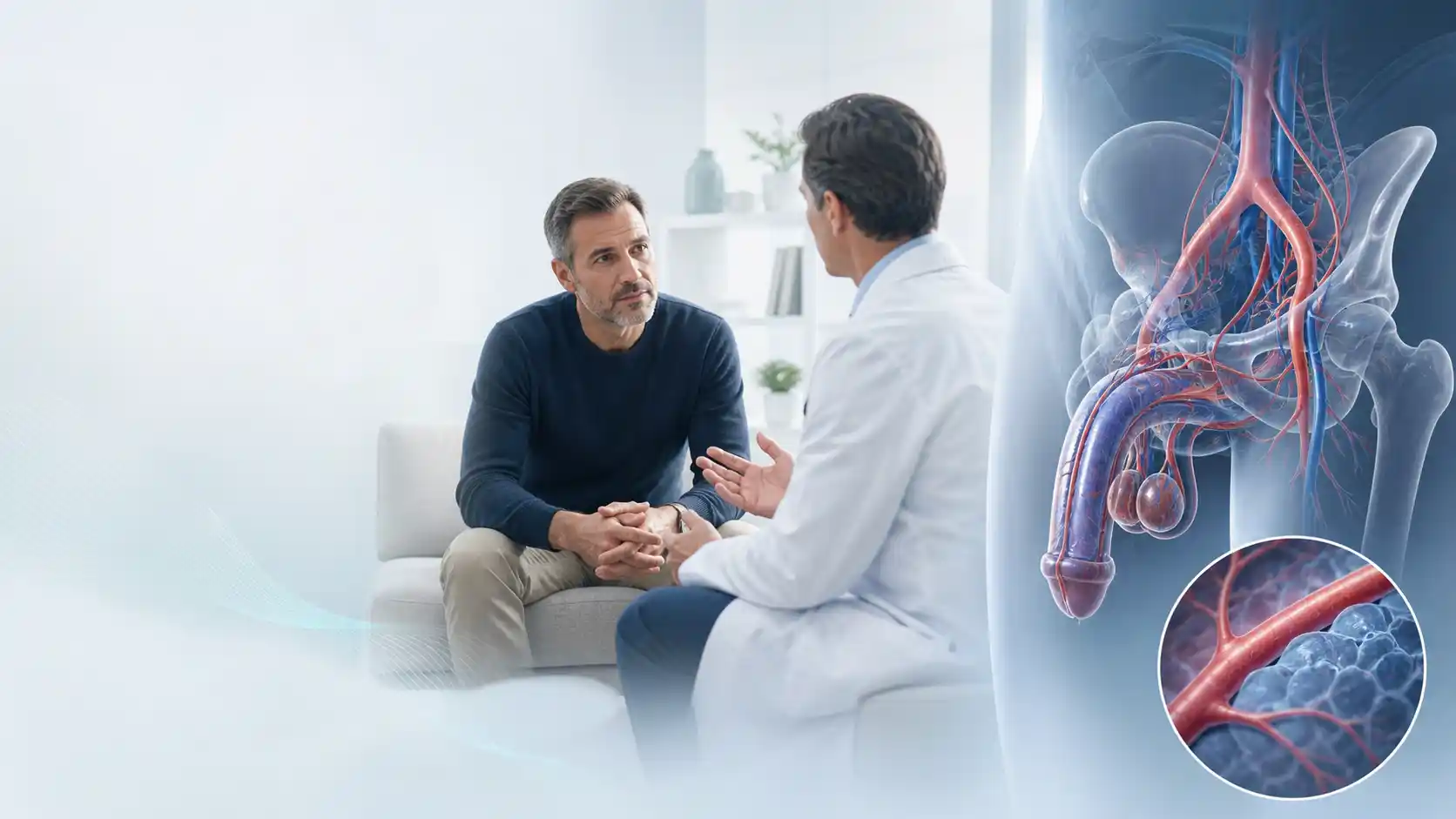 Private Beratung neben transparent dargestellter Anatomie der Becken- und Penisgefäße mit eingeblendeter mikrovaskulärer Gewebe-Nahansicht