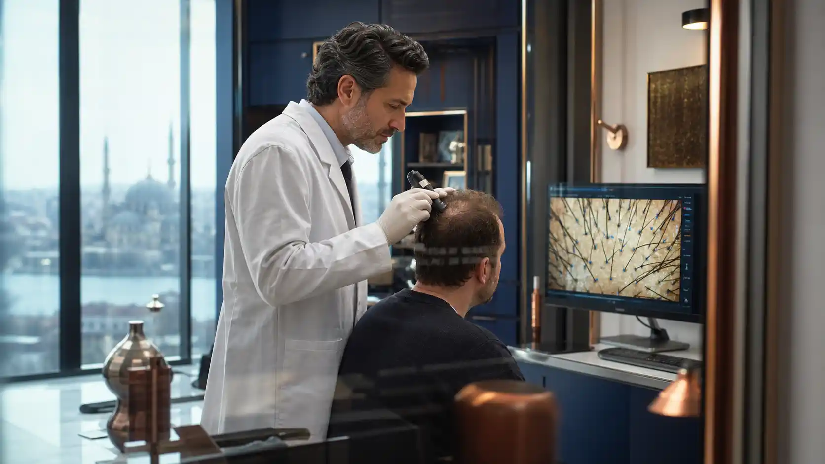 Dermatoloog in een kliniek in Istanbul die vóór de behandelplanning de hoofdhuid van een volwassen patiënt met digitale trichoscopie onderzoekt.
