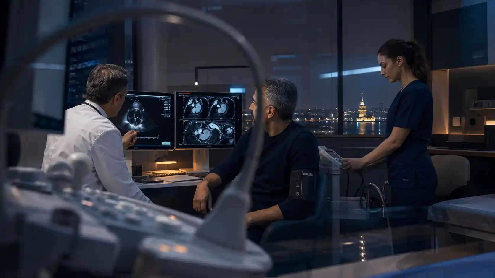 Ein Herzinsuffizienzkardiologe prüft in Istanbul mit einem erwachsenen Patienten Echokardiografie, kardiales MRI, Rhythmusdaten und Medikamentenanamnese.
