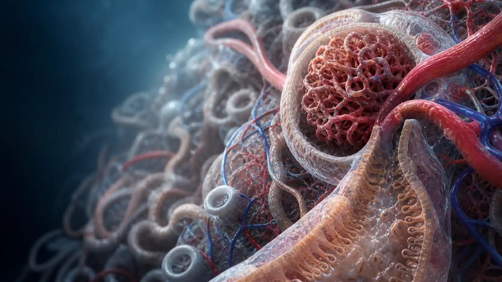 Filmische mikroskopische Darstellung der Nierenrinde mit Glomerulus, Nephrontubuli, Filtrationsmembranen und renaler Mikrozirkulation.