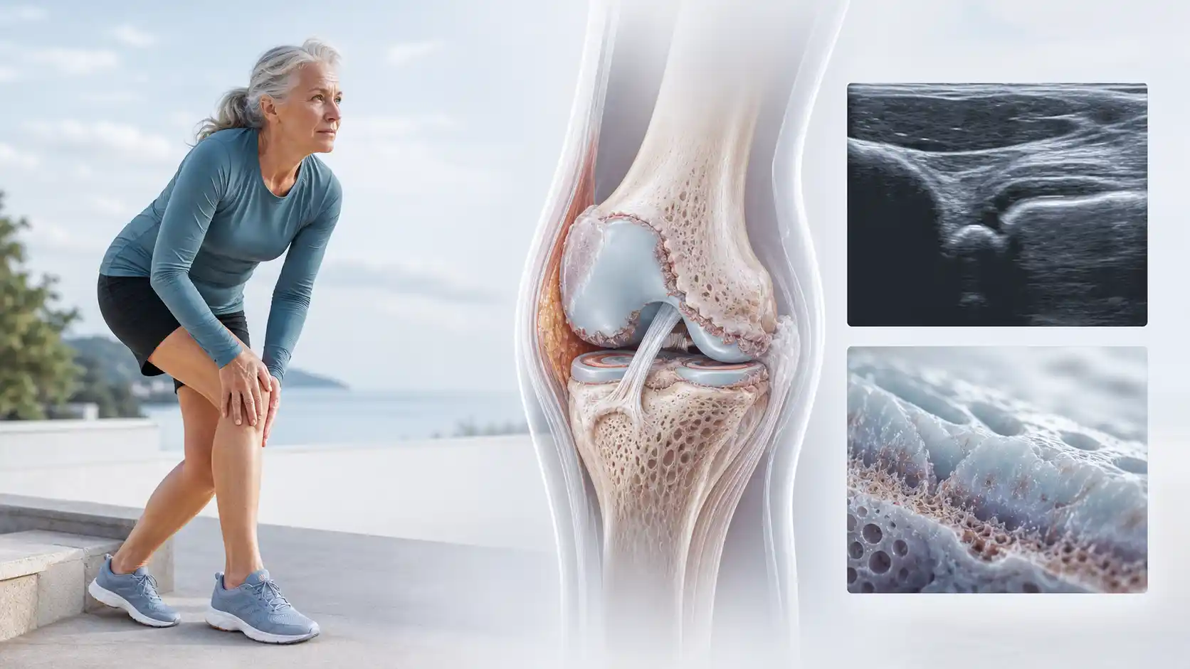 Ältere Frau auf einer Außentreppe neben einer Knie-Schnittansicht mit abgenutztem Knorpel, einer Ultraschallaufnahme und einer Knorpel-Nahansicht