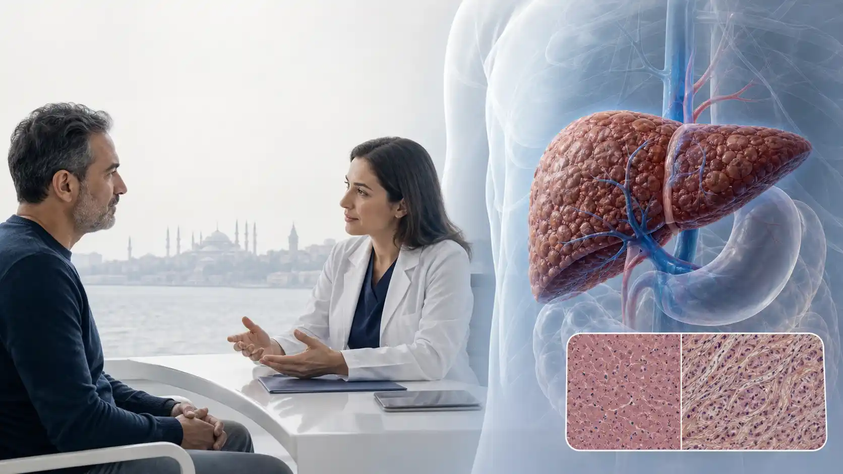 Paziente che parla con un medico accanto a un fegato cirrotico nodulare e a un riquadro che confronta tessuto sano e fibrotico