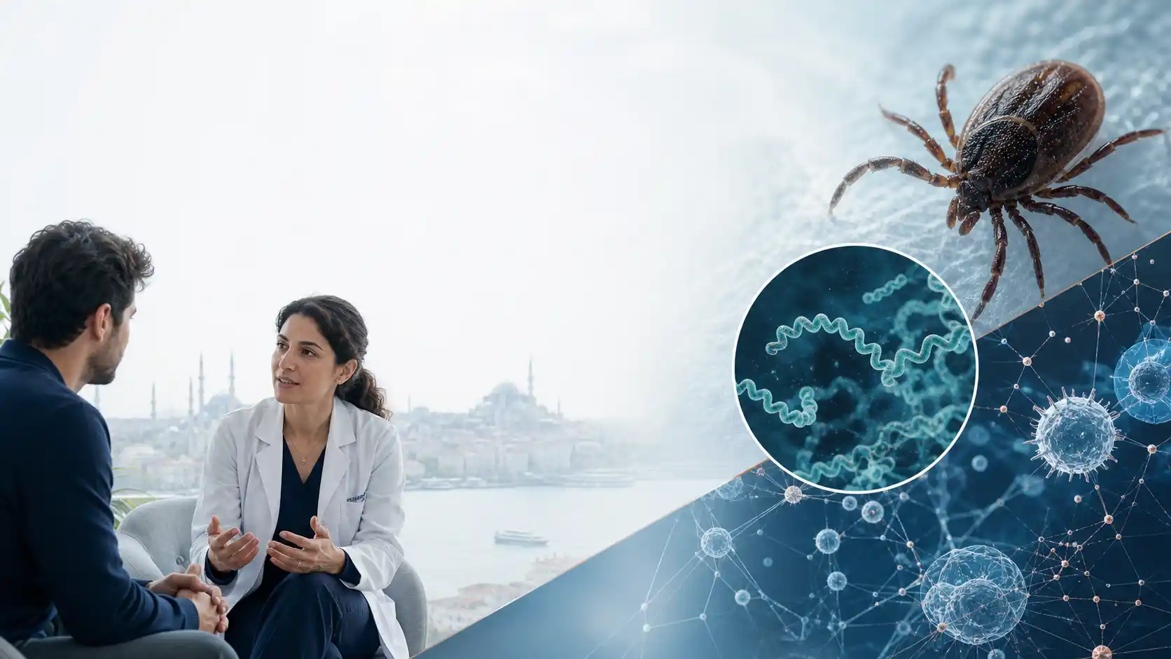 Patientenberatung in Istanbul neben einer Zecke, vergrößerten spiralförmigen Bakterien und einem abstrakten Netzwerk von Immunzellen