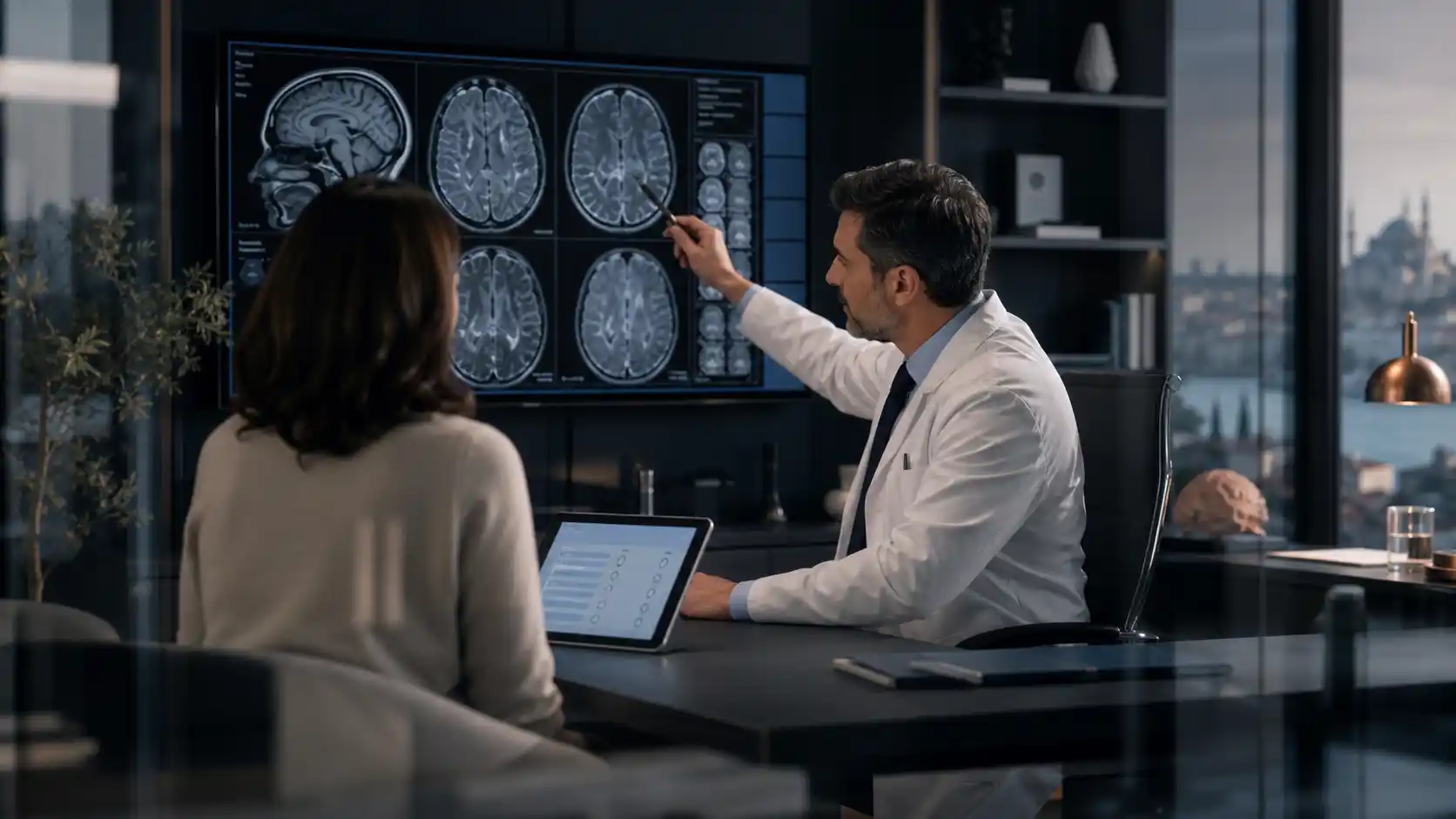 Ein MS-Neurologe und ein Transplantationsspezialist prüfen mit einer erwachsenen Patientin in Istanbul serielle MRI-Aufnahmen des Gehirns und die Behandlungsgeschichte.