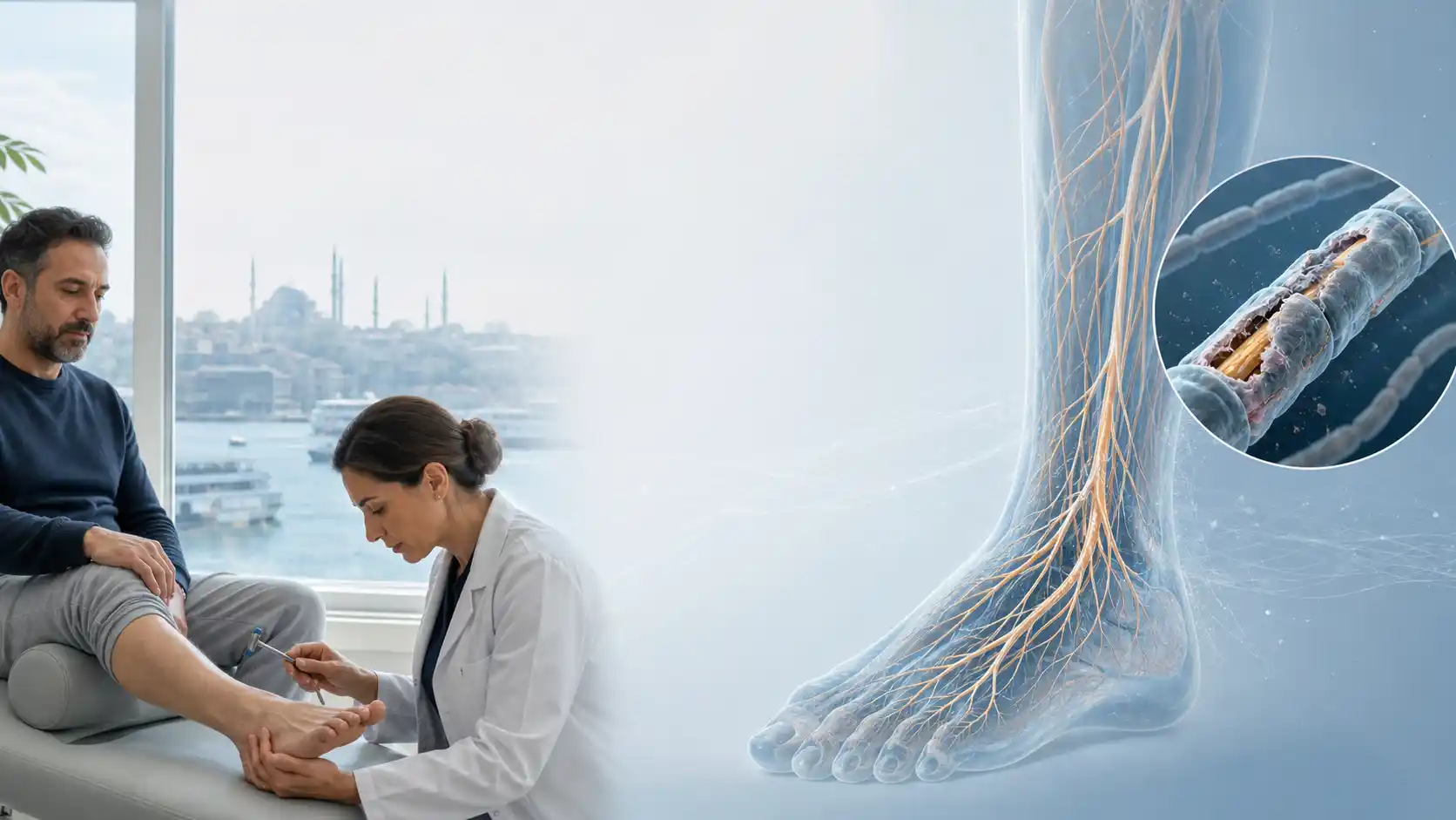 Fachkraft untersucht den Fuß eines Patienten neben anatomischen Unterschenkelnerven und einer Nahaufnahme einer geschädigten peripheren Nervenscheide