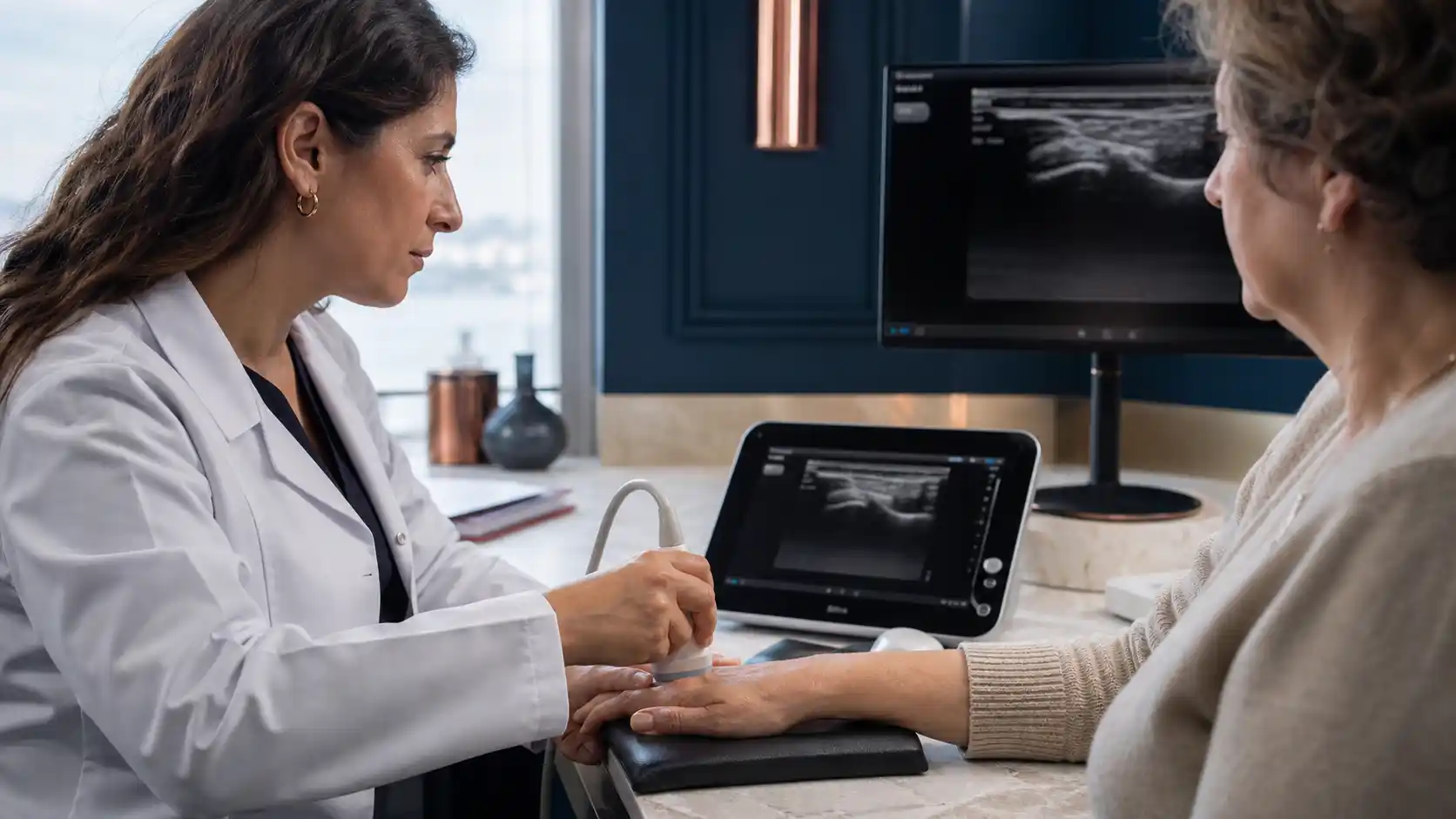 Rhumatologue examinant la main d’un patient adulte par échographie avant d’aborder des options expérimentales à Istanbul.