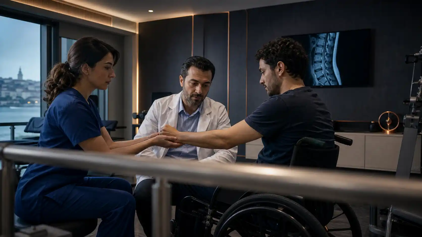 Wervelkolomchirurg, revalidatiearts en fysiotherapeut die in Istanbul samen met een volwassen patiënt met ruggenmergletsel een MRI en AIS-onderzoek beoordelen.