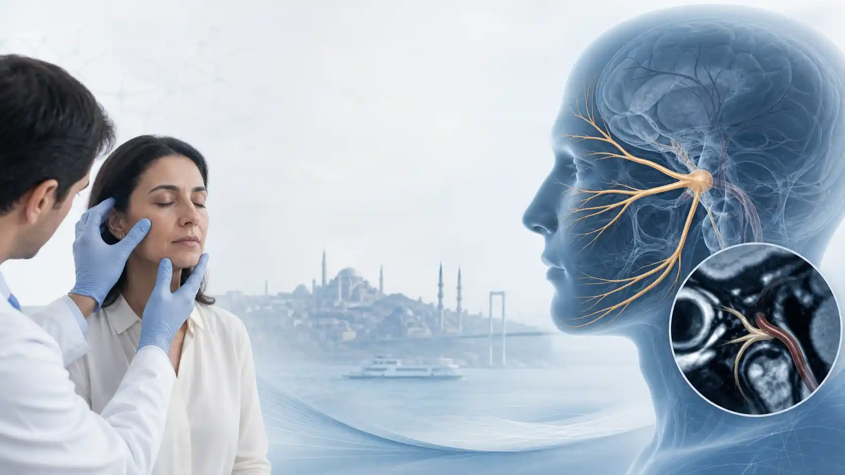 Examen du visage à côté d’une vue de profil des trois branches du nerf trijumeau et d’un encart de type MRI montrant un contact neurovasculaire